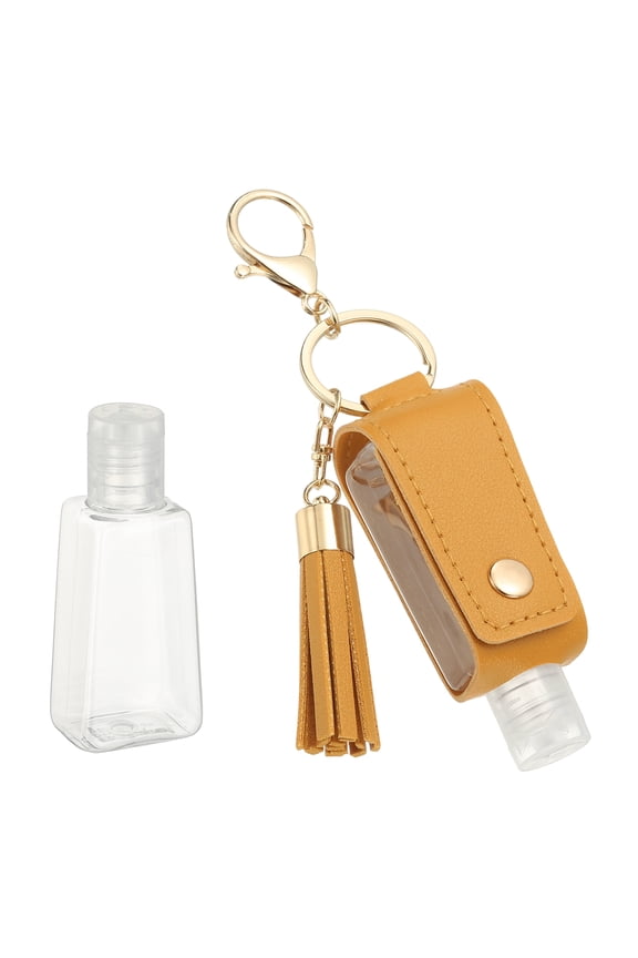 Portable Travel Empty Bottle with Keychain, 30ml PU Leather Mini Squeeze Bottles, Hand Liquid Refillable Container Travel Size for Toiletry Lotion Shampoo Liquid Soap, Yellow