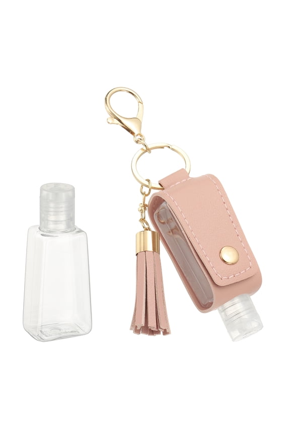 Portable Travel Empty Bottle with Keychain, 30ml PU Leather Mini Squeeze Bottles, Hand Liquid Refillable Container Travel Size for Toiletry Lotion Shampoo Liquid Soap, Pink