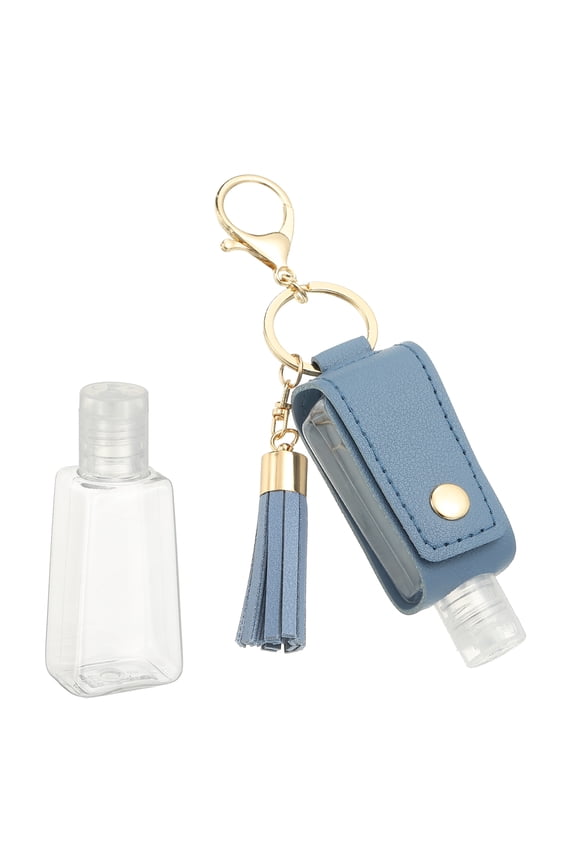 Portable Travel Empty Bottle with Keychain, 30ml PU Leather Mini Squeeze Bottles, Hand Liquid Refillable Container Travel Size for Toiletry Lotion Shampoo Liquid Soap, Sky Blue