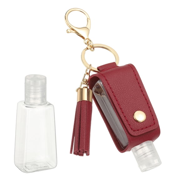 Portable Travel Empty Bottles with Keychain, 30ml PU Leather Mini Squeeze Bottles, Hand Liquid Refillable Container Travel Size for Toiletry Lotion Shampoo Liquid Soap, Wine Red