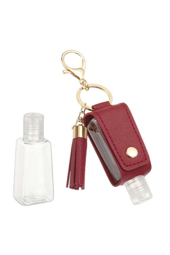 Portable Travel Empty Bottles with Keychain, 30ml PU Leather Mini Squeeze Bottles, Hand Liquid Refillable Container Travel Size for Toiletry Lotion Shampoo Liquid Soap, Wine Red