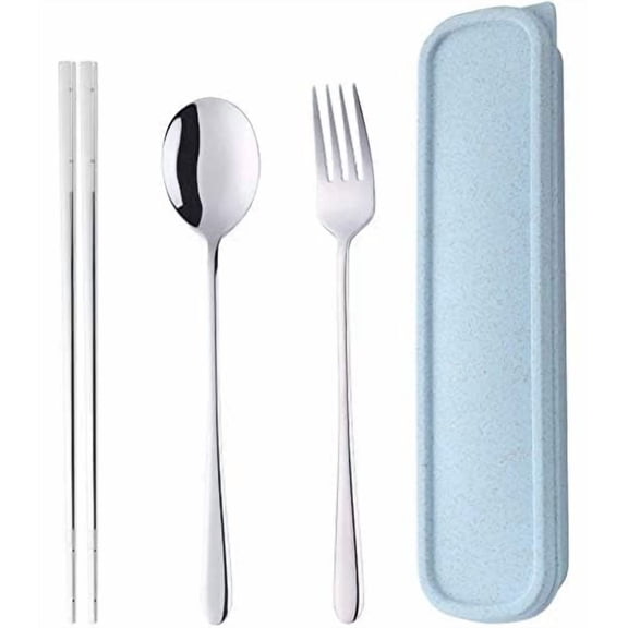 Portable Travel Flatware 3PCS Spoon Fork Chopsticks Set 18/10 Stainless Steel with Case and Bag for School Work Office lunch (Silver)