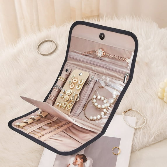 Portable Travel Jewelry Case Organizer, Medium Foldable Storage Roll for Earrings, Necklaces, Brooches, Rings, Bracelets