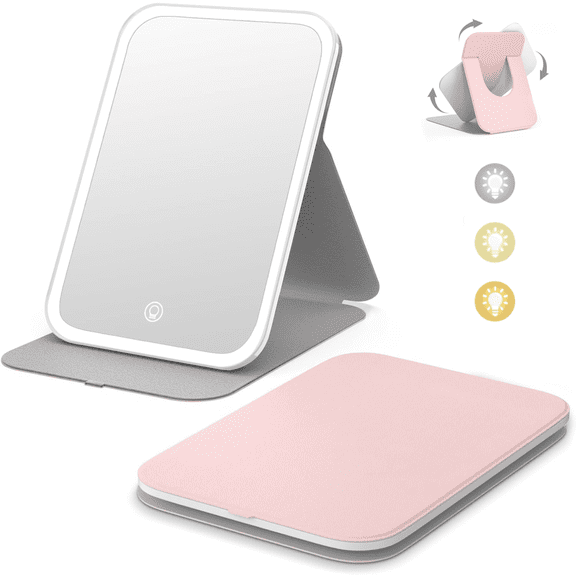 Portable Travel LED Makeup Mirror - 3 Color Dimmable Lighted Mirror with 60 LEDs, 360° Rotation, Touch Screen, Rechargeable Folding Vanity Mirror (Pink)