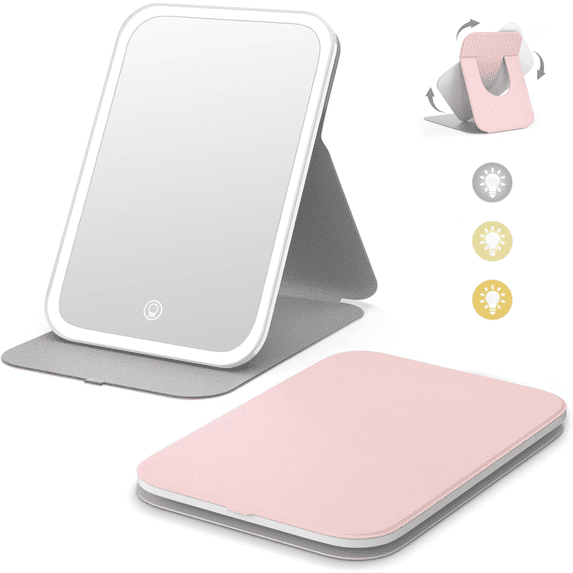 Portable Travel LED Makeup Mirror - 3 Color Dimmable Lighted Mirror with 60 LEDs, 360° Rotation, Touch Screen, Rechargeable Folding Vanity Mirror (Pink)