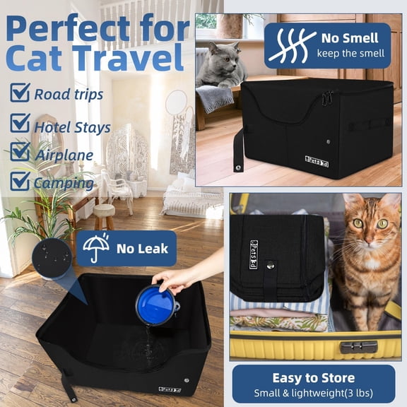 Portable Travel Litter Box for Cats with Lid and 10 pcs Liner Bags, Light Weight, Leak-Proof and Higher Sides for Road Trips, Hotel Stays, Car Travel(Black)