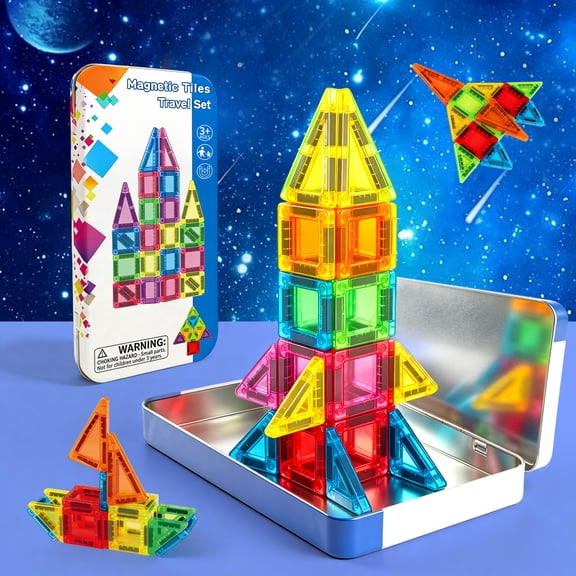 Portable Travel Magnetic Tiles STEM Building Toy with Metal Storage Box, Transparent Magnet Blocks for Kids 3+, Car Airplane Picnic Play Gift