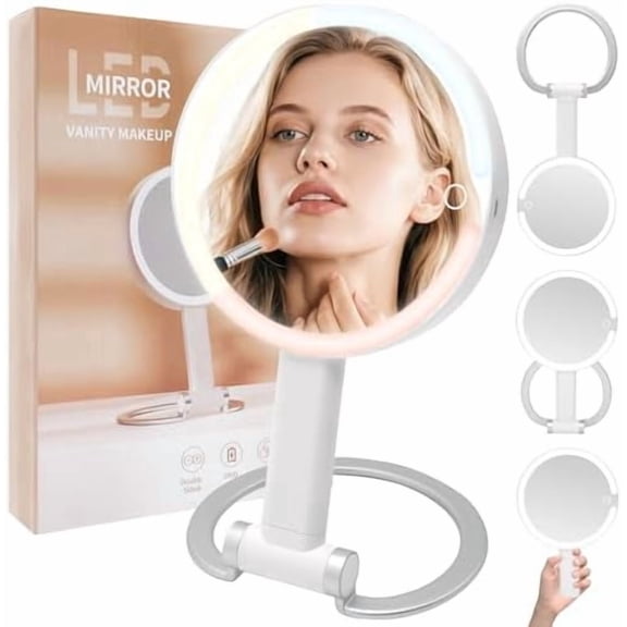 Portable Travel Makeup Mirror with Lights - 3 Color Dimmable Lighting, 360? Rotation, Rechargeable Double-Sided 1X/10X Magnifying Mirror, Adjustable Brightness for Tabletop,  & -the-Go Use
