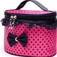 thumbnail image 1 of Portable Travel Makeup Organizer for and with Black Bow Polka Pattern Handle Zipper Closure Ruffle Trim and Polyester Tote Storage Pouch for Cosmetics Craft and Personal, 1 of 2
