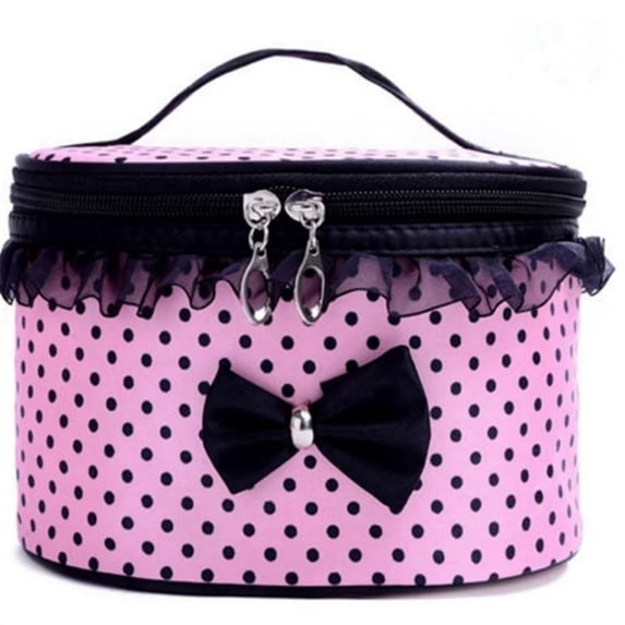 Portable Travel Makeup Organizer for and with Black Bow Polka Pattern Handle Zipper Closure Ruffle and Polyester Tote Storage Pouch for Cosmetics Craft and Personal