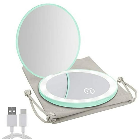 Portable Travel Mirror with LED Light,1x/10x Magnification Compact Mirror, 2-Sided Illuminated Folding Round Mirror (Green Color)