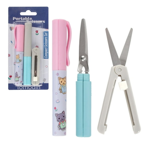 JubileeYarn Mini Pen Portable Travel Scissors - Garden Kitty Pen, Light Blue Pen, Grey Push…