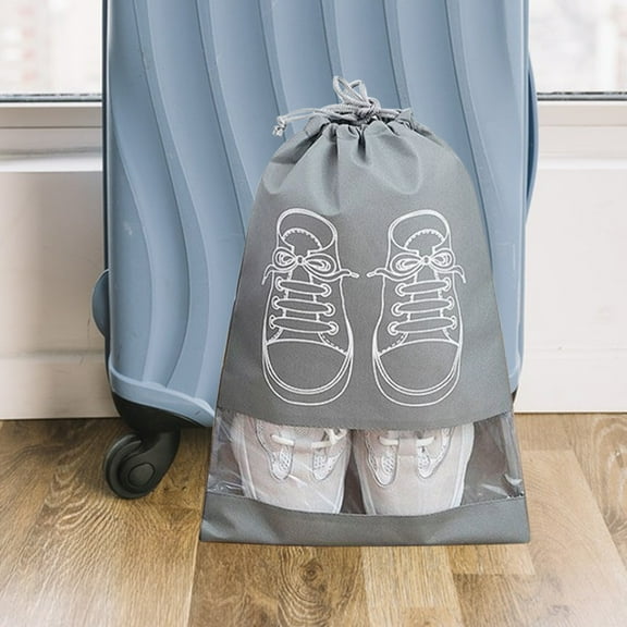 Portable Travel Shoe Bags, 17.3 x 12.6 Inches Non-Woven Shoe Storage Bags, with Clear Window,Large Drawstring Shoes Pouch Packing Organizers with Rope(Gray)