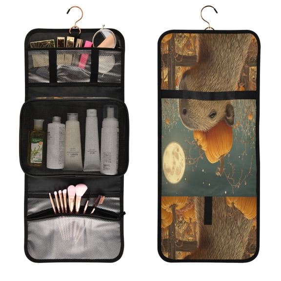 Portable Travel Toiletry Bag Roll up Makeup Bag Spacious Hanging Hook Makeup Bag for Travel Gym Camping Capybara with A Pumpkin