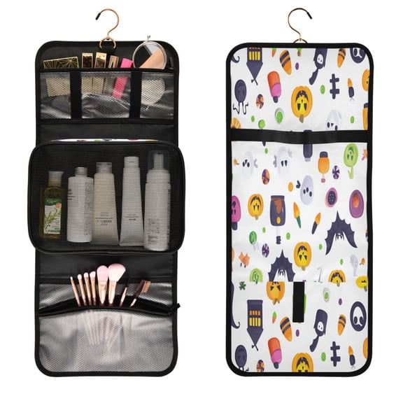 Portable Travel Toiletry Bag Roll up Makeup Bag Spacious Hanging Hook Makeup Bag for Travel Gym Camping Cartonn Halloween Partten