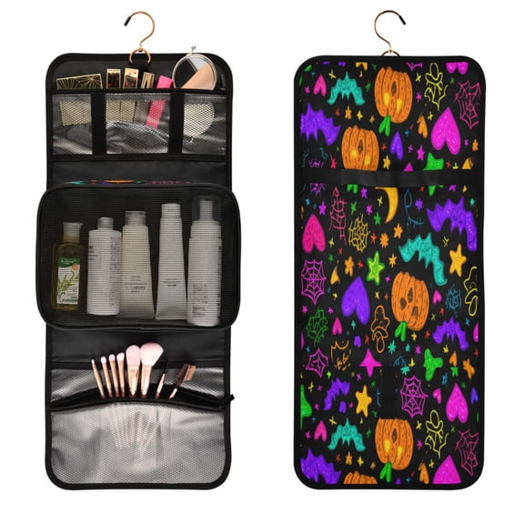 Portable Travel Toiletry Bag Roll up Makeup Bag Spacious Hanging Hook Makeup Bag for Travel Gym Camping Colorful Cartoon Halloween Symbols