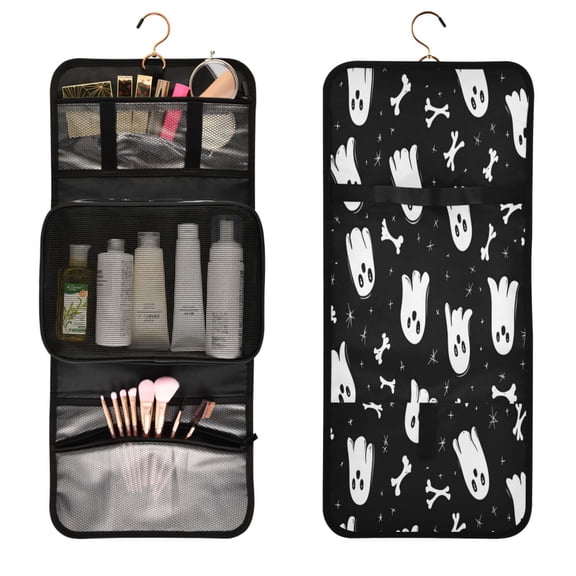 Portable Travel Toiletry Bag Roll up Makeup Bag Spacious Hanging Hook Makeup Bag for Travel Gym Camping Cute Cartoon Ghosts and Bones