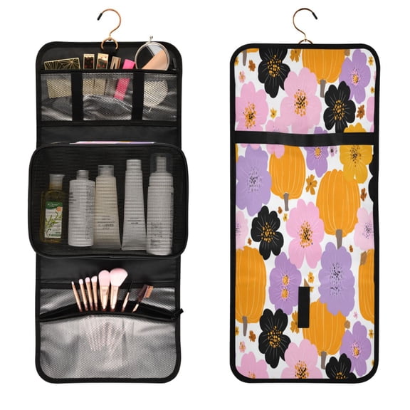 Portable Travel Toiletry Bag Roll up Makeup Bag Spacious Hanging Hook Makeup Bag for Travel Gym Camping Cute Flowers and Pumpkins
