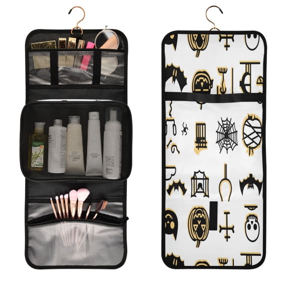 Portable Travel Toiletry Bag Roll up Makeup Bag Spacious Hanging Hook Makeup Bag for Travel Gym Camping Cute Halloween Pattern
