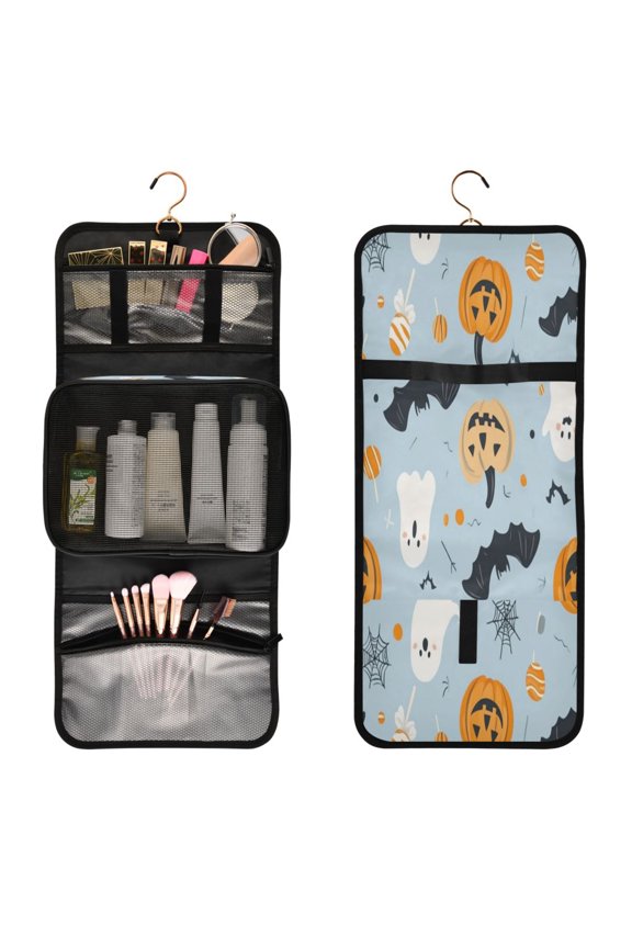 Portable Travel Toiletry Bag Roll up Makeup Bag Spacious Hanging Hook Makeup Bag for Travel Gym Camping Cute Halloween-themed Clipart
