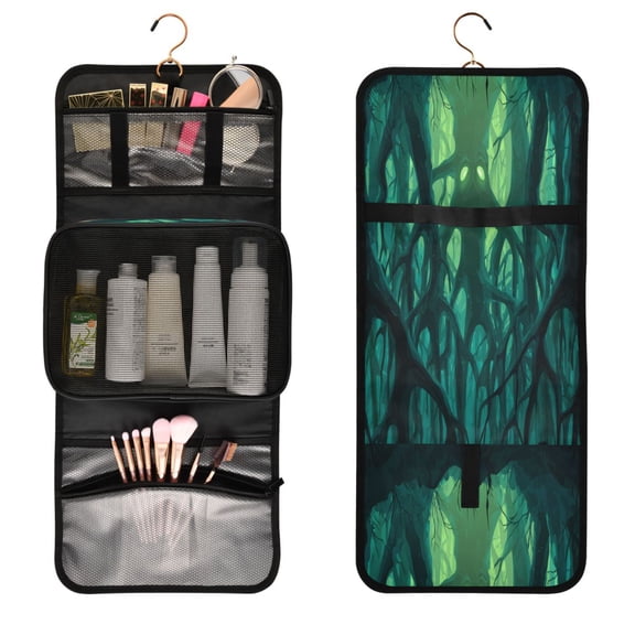 Portable Travel Toiletry Bag Roll up Makeup Bag Spacious Hanging Hook Makeup Bag for Travel Gym Camping Dark Forest with Green Eyes