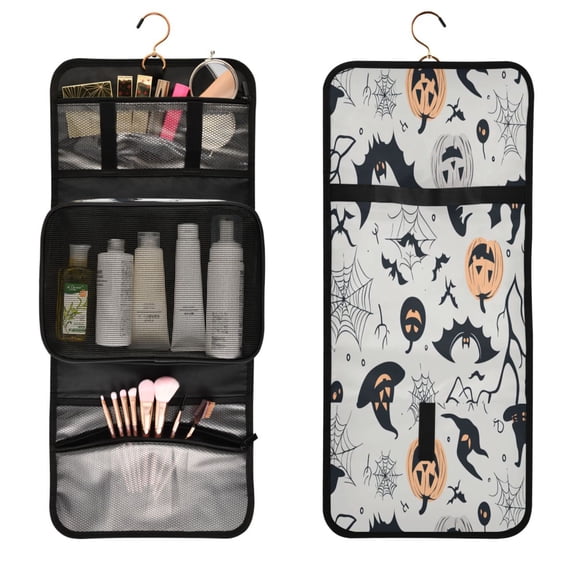 Portable Travel Toiletry Bag Roll up Makeup Bag Spacious Hanging Hook Makeup Bag for Travel Gym Camping Halloween Design Elements