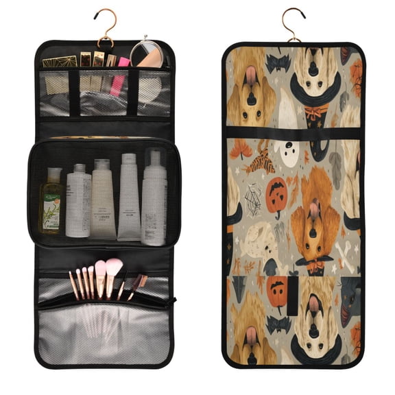 Portable Travel Toiletry Bag Roll up Makeup Bag Spacious Hanging Hook Makeup Bag for Travel Gym Camping Halloween Dog Pattern