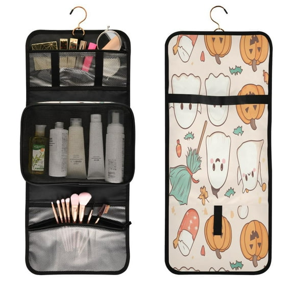 Portable Travel Toiletry Bag Roll up Makeup Bag Spacious Hanging Hook Makeup Bag for Travel Gym Camping Halloween Pale Color Elements
