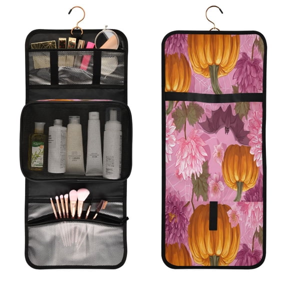 Portable Travel Toiletry Bag Roll up Makeup Bag Spacious Hanging Hook Makeup Bag for Travel Gym Camping Halloween Pumpkins and Bats