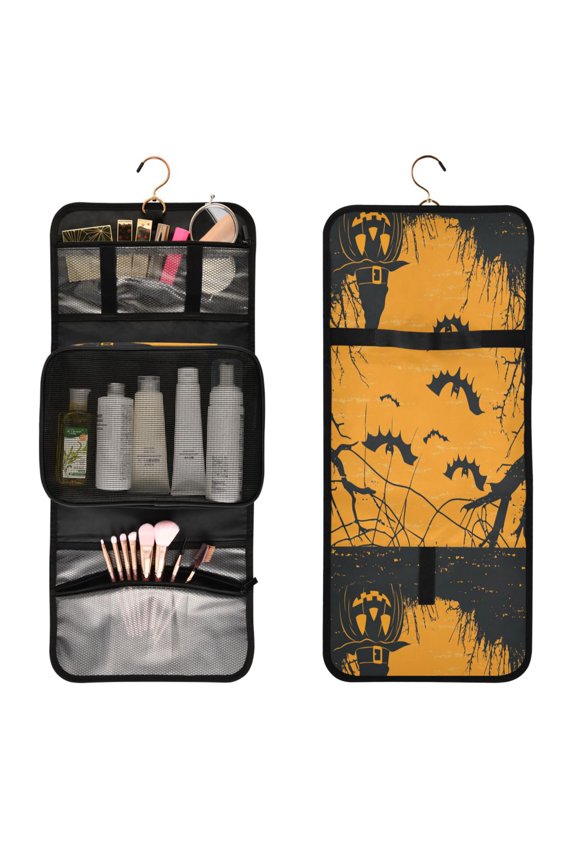 Portable Travel Toiletry Bag Roll up Makeup Bag Spacious Hanging Hook Makeup Bag for Travel Gym Camping Halloween Themed Bat Pattern
