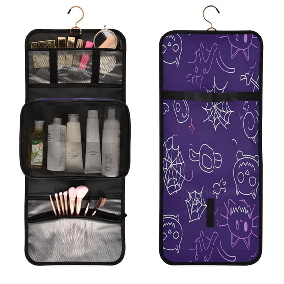 Portable Travel Toiletry Bag Roll up Makeup Bag Spacious Hanging Hook Makeup Bag for Travel Gym Camping Light Outline Halloween