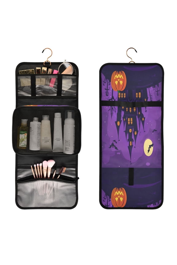 Portable Travel Toiletry Bag Roll up Makeup Bag Spacious Hanging Hook Makeup Bag for Travel Gym Camping Pumpkin and Haunted Castle