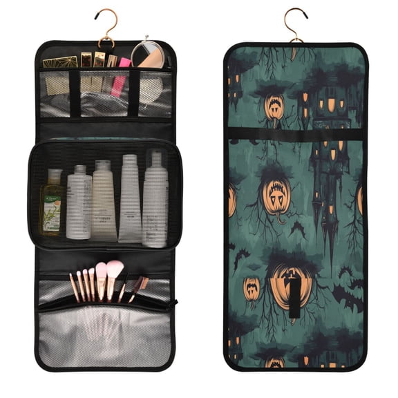 Portable Travel Toiletry Bag Roll up Makeup Bag Spacious Hanging Hook Makeup Bag for Travel Gym Camping Pumpkins and Ghostly Castles