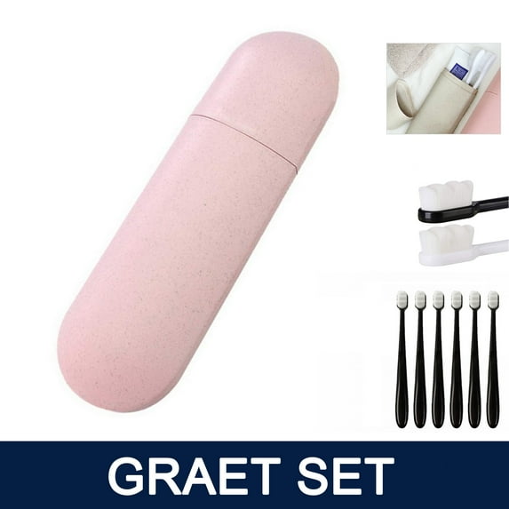 Portable Travel Toothbrush Holders Box with 6pcs Toothbrushes, Case Hiking Camping Protect Storage Box Travel Tooth Toothbrush Cover Toothpaste Organizer Bathroom Accessories (Pink)