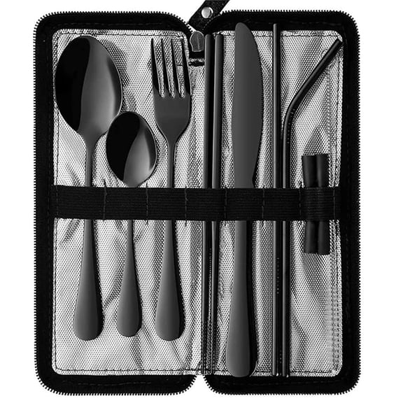 Portable Travel Utensils, Reusable with Case for Fixing Tableware, 9 Pieces Stainless Steel Stable Flatware Set, Camping Picnic Cutlery Set (Black Set)