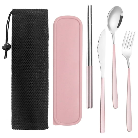 Portable Travel Utensils Set, Pink Reusable Silverware Set with Case, KUAOOAUK 18/8 Stainless Steel Knife Forks Spoons Chopsticks Reusable Travel Camping Cutlery for Lunch Box Office Picnic Daily Use