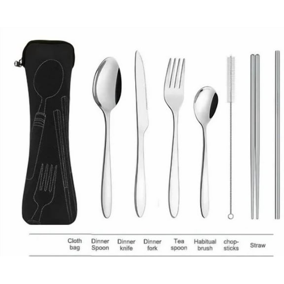 Portable Travel Utensils Silver Set Reusable Silverware With Case For Fixing Tab