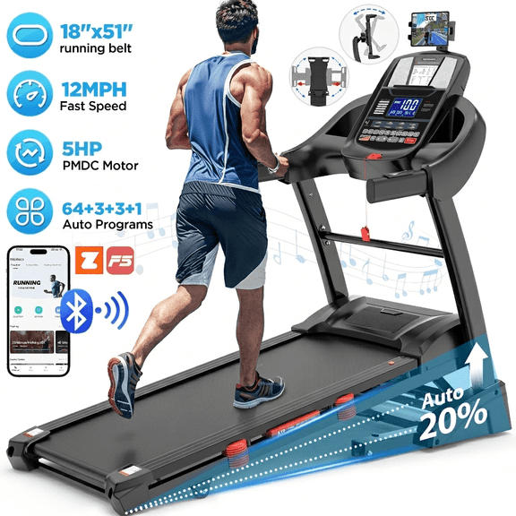 Portable Treadmill 300lbs Capacity, 4.5 HP Folding Treadmill for Home w/ 15% Auto Incline, 64+3+3+1 Programs, APP Control, Exercise Equipment with HiFi Speakers, Pulse Sensor, Adjustable Holder