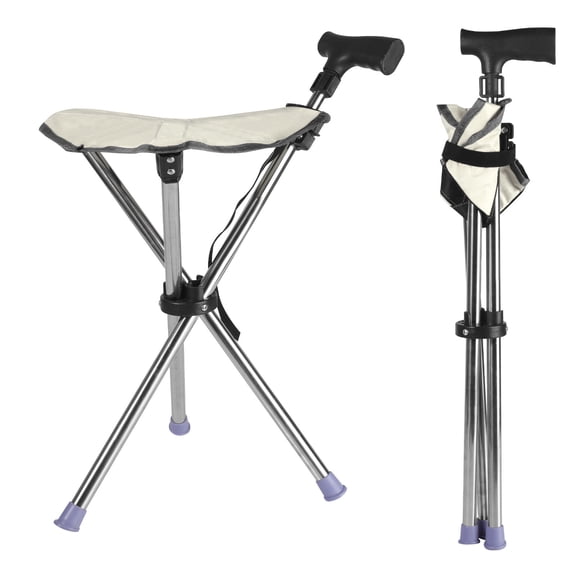 Portable Trekking Hiking Pole, Folding Walking Stick with Seat, Walking Cane with Chair, Supports up to 330 Pounds, Beige