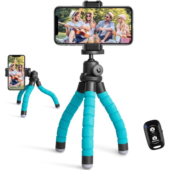 Portable Tripod Stand with Wireless Remote & Clip, Flexible Phone Holder for Video Recording (Blue)