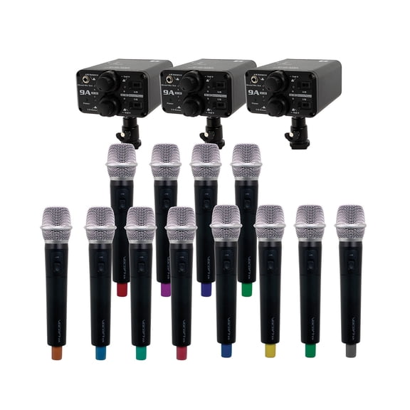 Portable Twelve Handheld Field-Camera-Mountable Wireless Microphone System.