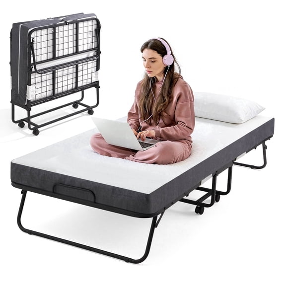 Portable Twin Folding Bed - 75" x 38" Rollaway Guest Cot with 4.7" Memory Foam Mattress & Sturdy Metal Frame for Adults