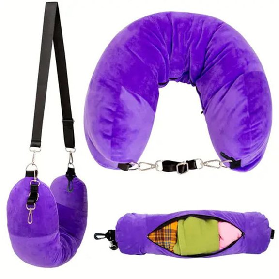 Portable U-Shaped Travel Neck Pillow, Soft Plush Clothes Storage Pillowcase, Multifunctional Outdoor Headrest, Compact Rest Pillow for Travel Car Plane Home Use