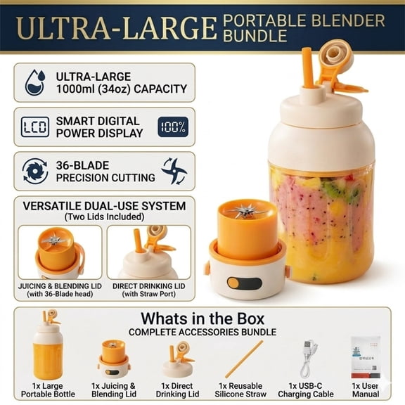 Portable USB C Rechargeable Juicer Cup, Leakproof Mixing Bottle with Digital Display & Straw, Multi Purpose Drink Container for Smoothie Protein Shake, Fit for Kitchen Gym Office Travel