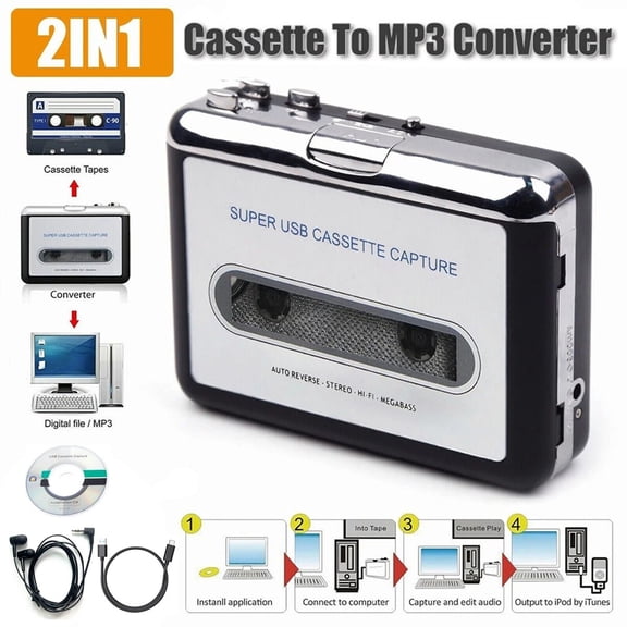 Portable USB Cassette Player Tape to MP3 Converter Recorder with Headphones USB Cable 3.5mm AUX Output Digital Audio Capture for Cassette Tape Music and Voice Recordings