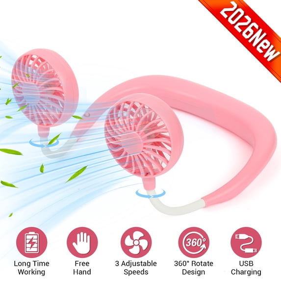 Dazone Wearable USB Neck Fan, Rechargeable Hands-Free Personal Desktop Fan, 3-Speed 360° Rotating Portable Cooling Fan for Sports, Travel,Pink