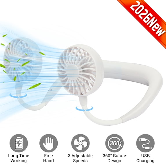Dazone Wearable USB Neck Fan, Rechargeable Hands-Free Personal Desktop Fan, 3-Speed 360° Rotating Portable Cooling Fan for Sports, Travel,White