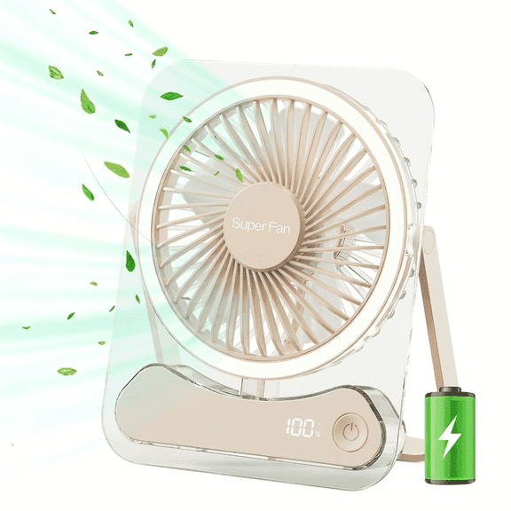 Portable Desk Fan Battery Operated, Quiet USB Rechargeable Mini Personal Fan with  LED light  5 Speeds 180° Foldable Design Small Table for Office Home Bedroom Travel Camping