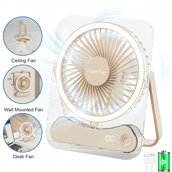 Portable Desk Fan Battery Operated, Quiet USB Rechargeable Mini Personal Fan with  LED light  5 Speeds 180° Foldable Design Small Table for Office Home Bedroom Travel Camping