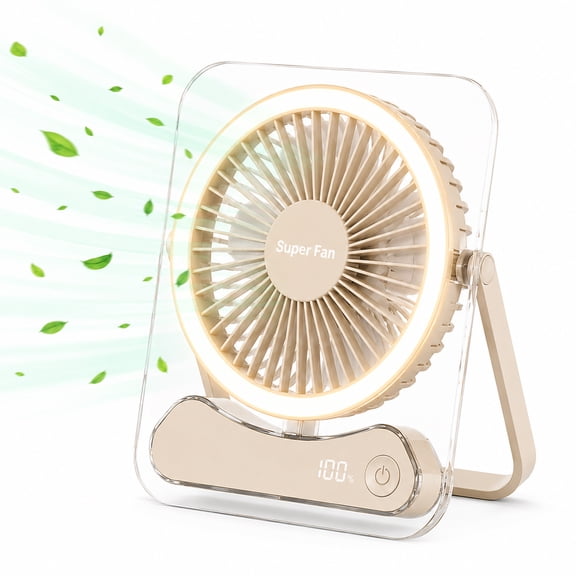 Portable Desk Fan with LED Light, USB Rechargeable Personal Fan, Ultra Quiet 5-Speed Fan, 180° Adjustable Foldable Design, Digital Power Display, Mini Desktop Fan for Office, Bedroom, Home, Travel, C